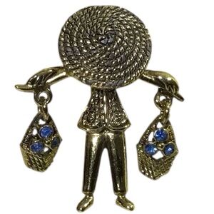 Vintage Asian Style Brooch Blue Rhinestone Dangling Basket Flowers Whimsey